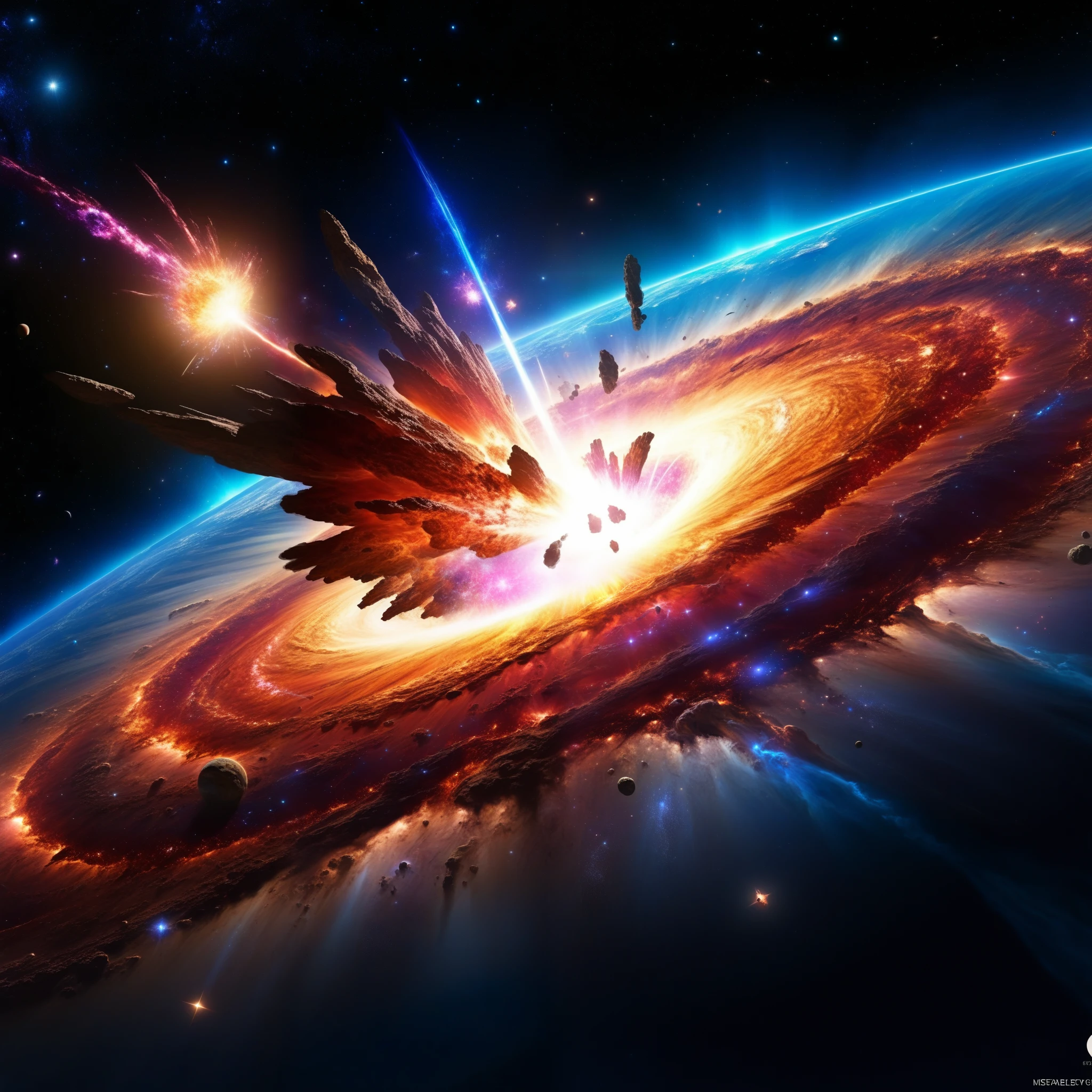best quality,4k,highres,masterpiece:1.2,ultra-detailed,realistic:1.37, HDR, studio lighting, extreme detail description, professional, vivid colors, bokeh, interstellar scenery, parallax chaos, dying stars colliding, universe's fury, cosmic collision, celestial spectacle, astronomical chaos, intense energy release, dazzling light show, vibrant cosmic colors, epic cosmic event, breathtaking celestial dance, mesmerizing interstellar chaos, dynamic intergalactic collision, explosive cosmic phenomenon, celestial fireworks, cataclysmic stellar collision, cosmic pandemonium, captivating astral eruption, celestial pandemonium, chaotic celestial collision, magnificent celestial theater, otherworldly destruction, celestial cataclysm, celestial power unleashed, awe-inspiring cosmic chaos,