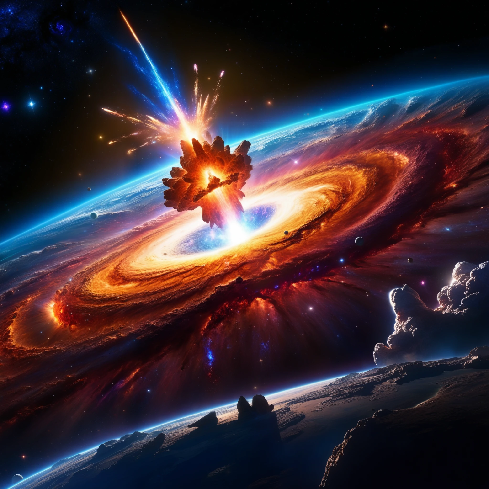 best quality,4k,highres,masterpiece:1.2,ultra-detailed,realistic:1.37, HDR, studio lighting, extreme detail description, professional, vivid colors, bokeh, interstellar scenery, parallax chaos, dying stars colliding, universe's fury, cosmic collision, celestial spectacle, astronomical chaos, intense energy release, dazzling light show, vibrant cosmic colors, epic cosmic event, breathtaking celestial dance, mesmerizing interstellar chaos, dynamic intergalactic collision, explosive cosmic phenomenon, celestial fireworks, cataclysmic stellar collision, cosmic pandemonium, captivating astral eruption, celestial pandemonium, chaotic celestial collision, magnificent celestial theater, otherworldly destruction, celestial cataclysm, celestial power unleashed, awe-inspiring cosmic chaos,