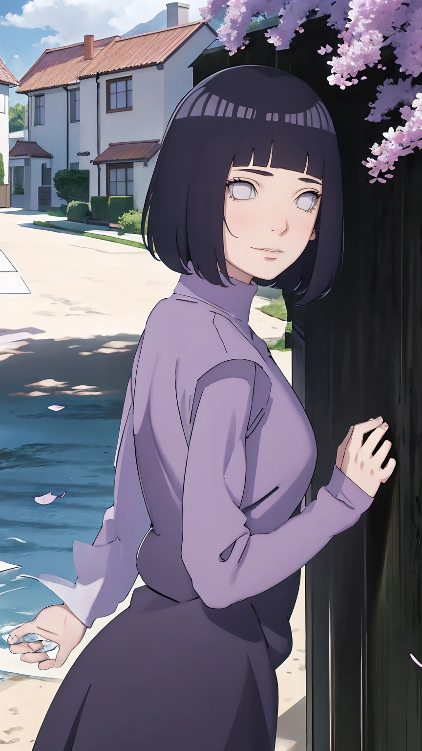 Meisterwerk, absurdres, Hinata\(Boruto\), 1girls, nur,reifes Weibchen, lila Kapuzenpullover,layered sleeves, braune Hose, al fresco,Lavendelblütenfeld, Blick auf den Betrachter, (falling petals), overcast sky, Perfekte Komposition, Detaillierte Lippen, large chest, Beautiful face, Body Propotion, flush, (rosa Lippen), Lange Haare, lila Augen, Sanfter Blick, sad smile, Super realistisch, Detailliert, Fotoshooting, Realistic face and body, Realistisches Haar, Realistische Augen, realistische Nase, Realistische Lippen, backwards, looking back