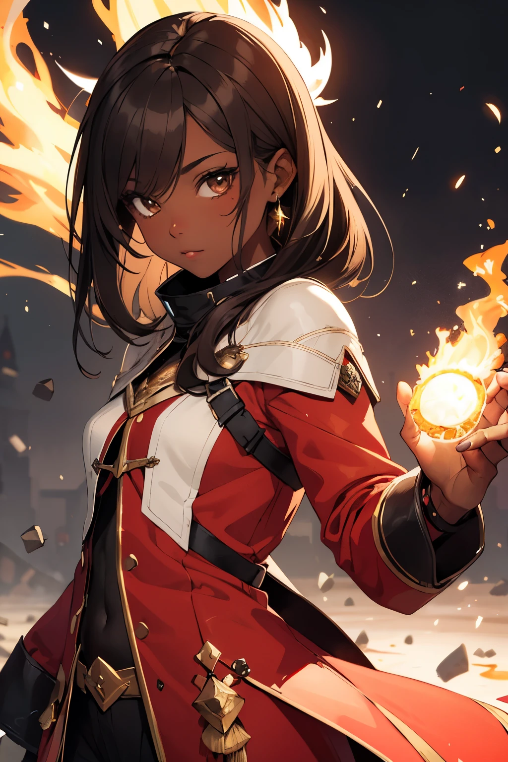 Dark skin girl with medium brown hair with side bangs and honey eyes wearing a red mage outfit and with fire powers