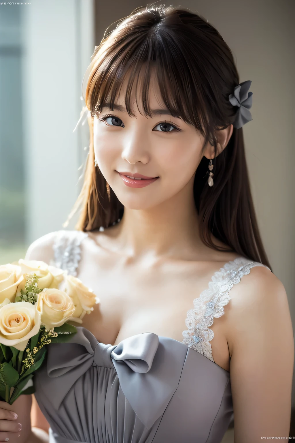 Medium View, Medium Shot, Written boundary depth, bust, Upper Body, Cinematic Angles, masterpiece, highest quality, Very detailed, cg, 8K Wallpaper, Beautiful Face, Delicate eyes, Otome, alone, smile, bangs, have,gray colored dresses, bow, petal, bouquet