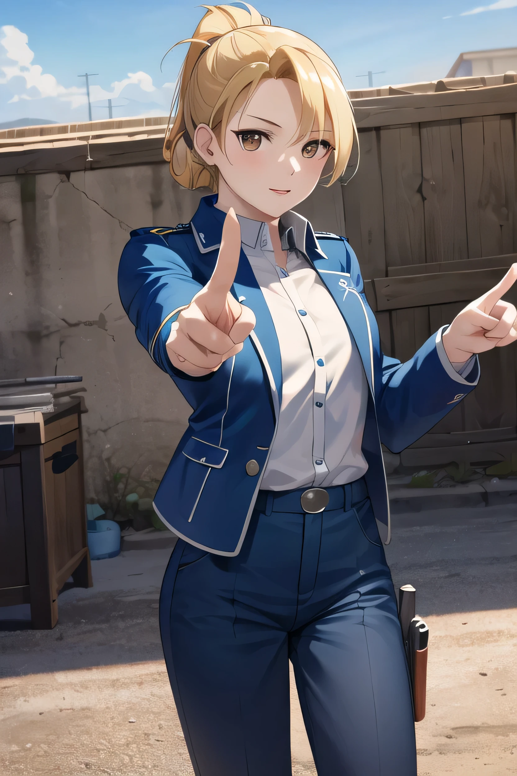 masterpiece, highest quality, High resolution, One girl, Hamriz, Folded ponytail, Brown eyes, Medium chest, uniform, Blue jacket, Blue pants, Are standing, Cowboy Shot, Outdoor, View your viewers,Holding a gun, Pistol Browning M1910, ((Grab a gun)), masterpiece, Detailed Shadows, Detailed light, Very detailed,((Pointing a gun at the viewer))