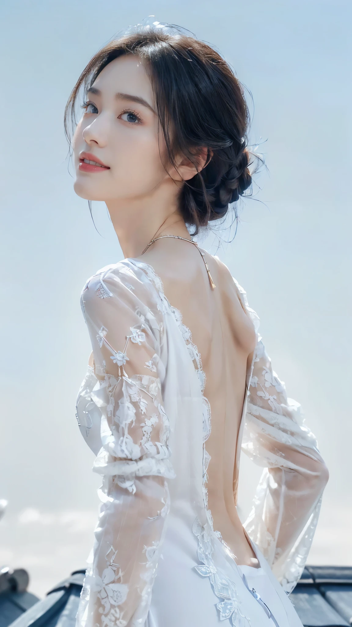 ((((8k))),((Extremely meticulous CG)) ,(wallpaper),16k,((Extremely refined and beautiful)),(((Masterpiece))),(((best qualtiy))),(((Ultra High Resolution))),beautiful light up,realistic shaded,((high resolution)),(Smooth and flawless skin:1.5),(Extremely exquisite facial details:1.2),(perfect body:1.2),(ultra-detailed),((A beautiful girl,solo)),(small head:1.2),(pale skin:1.3),(shoulder length straight bob hair:1),(small face:1.2),(Exquisite makeup:1.2),(necklace:1.2),((slim,thin)),(smile:1.2),(happy:1.2),(small breasts:1.2),(flat chests:1.2),(white lace dress:1.3),(sleeves:1.2),(bare back:1.3),(day scene:1.3),(azure sky background:1.5),(close-up of upper body:1.3),(standing on the rooftop:1.3),(village scape:1.3),(from back:1.3),(spring:1.2)