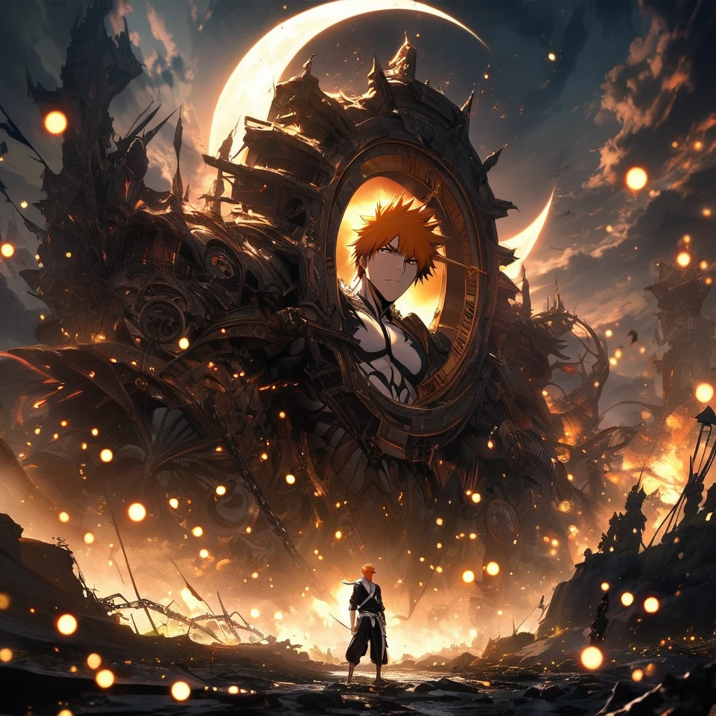 absurdres, highres, ultra detailed, HDR, master piece, best quality, extremely detailed face and eyes, Kurosaki Ichigo, orange hair, expressive brown eyes, Bleach, solo, sexy man, handsome, clock mechanical moon, fantasy, chains, cool scenery, fireflies