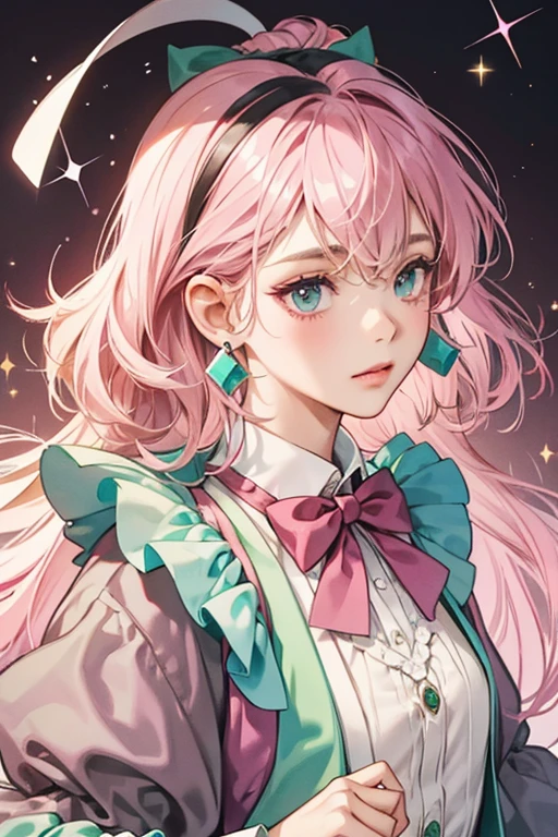 She is a faded pink who has black eyes. She wears feminine clothing, such as a light brown, puffy wig with a dark magenta bow, light seafoam-colored gem earrings, and a green vest SPARKLE; GLITTER