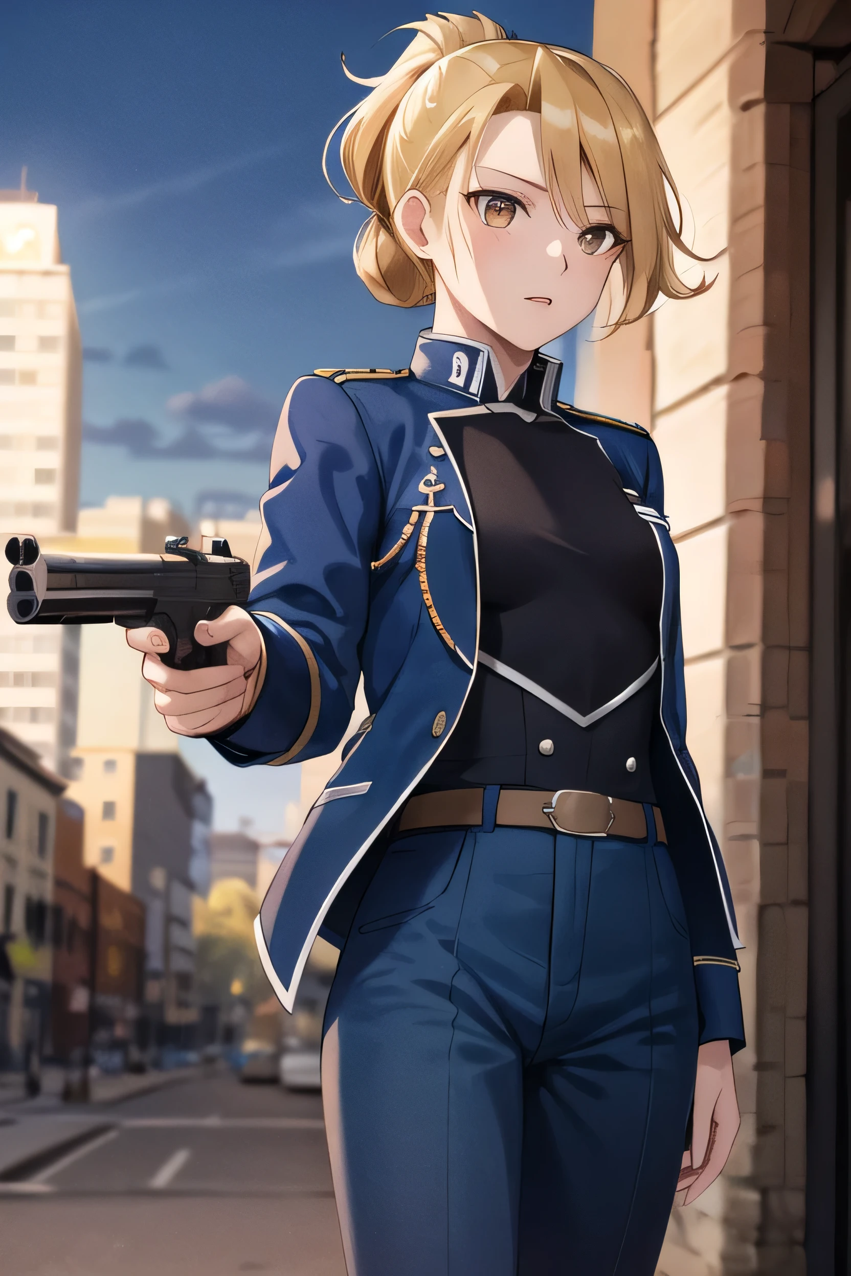 masterpiece, highest quality, High resolution, One girl, Hamriz, Folded ponytail, Brown eyes, Medium chest, uniform, Blue jacket, Blue pants, Are standing, Cowboy Shot, Outdoor, View your viewers,Holding a gun, Cinematic pose