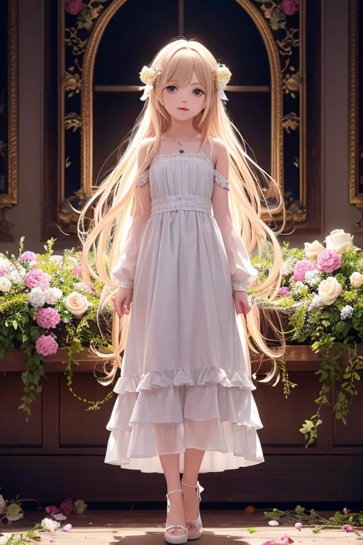 full body shot, Highest quality, 8k, High resolution, 1 girl, High-quality texture, Intricate details, CG, High Quality Shadows, beautiful and delicate face, Beautiful details and a delicate eye, Written boundary depth, Ray Tracing, 13 years old, pretty girl, glossy lips, Looking at the audience, (jewelry/accessories), (Eye color is brown), (White flower hair ornament), (Golden Hair, Long Hair), (Layered Hairstyles), (Pink Dress), White flowers blooming on the wall, smile, Be sure to add details to your clothes, full body shot, marble, Dancing