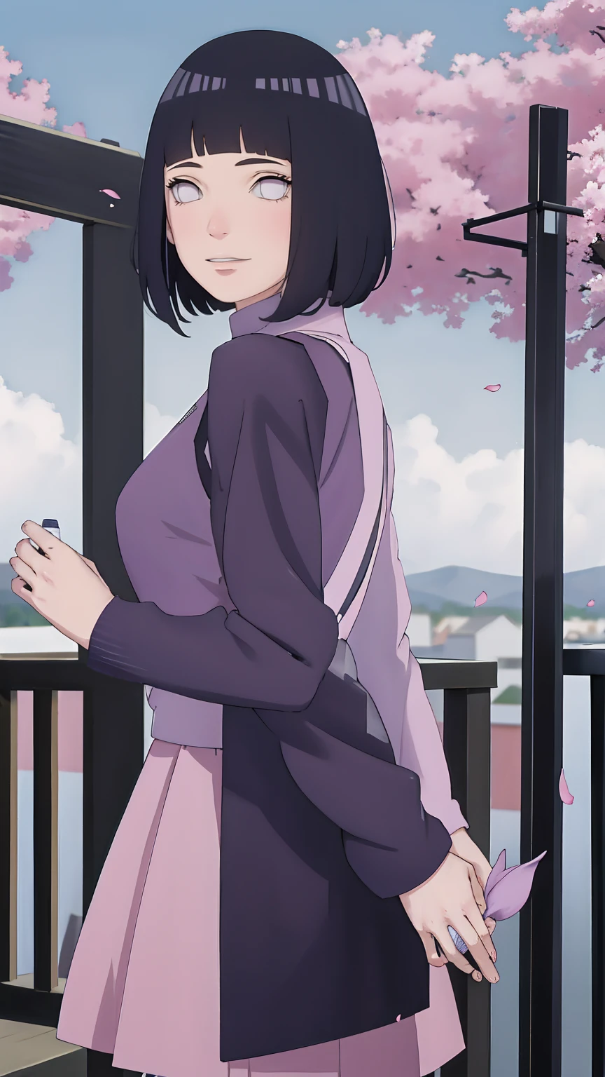 Meisterwerk, absurdres, Hinata\(Boruto\), 1girls, nur,reifes Weibchen, lila Kapuzenpullover,layered sleeves, braune Hose, al fresco,Lavendelblütenfeld, Blick auf den Betrachter, (falling petals), overcast sky, Perfekte Komposition, Detaillierte Lippen, large chest, Beautiful face, Body Propotion, flush, (rosa Lippen), Lange Haare, lila Augen, Sanfter Blick, sad smile, Super realistisch, Detailliert, Fotoshooting, Realistic face and body, Realistisches Haar, Realistische Augen, realistische Nase, Realistische Lippen, backwards, looking back