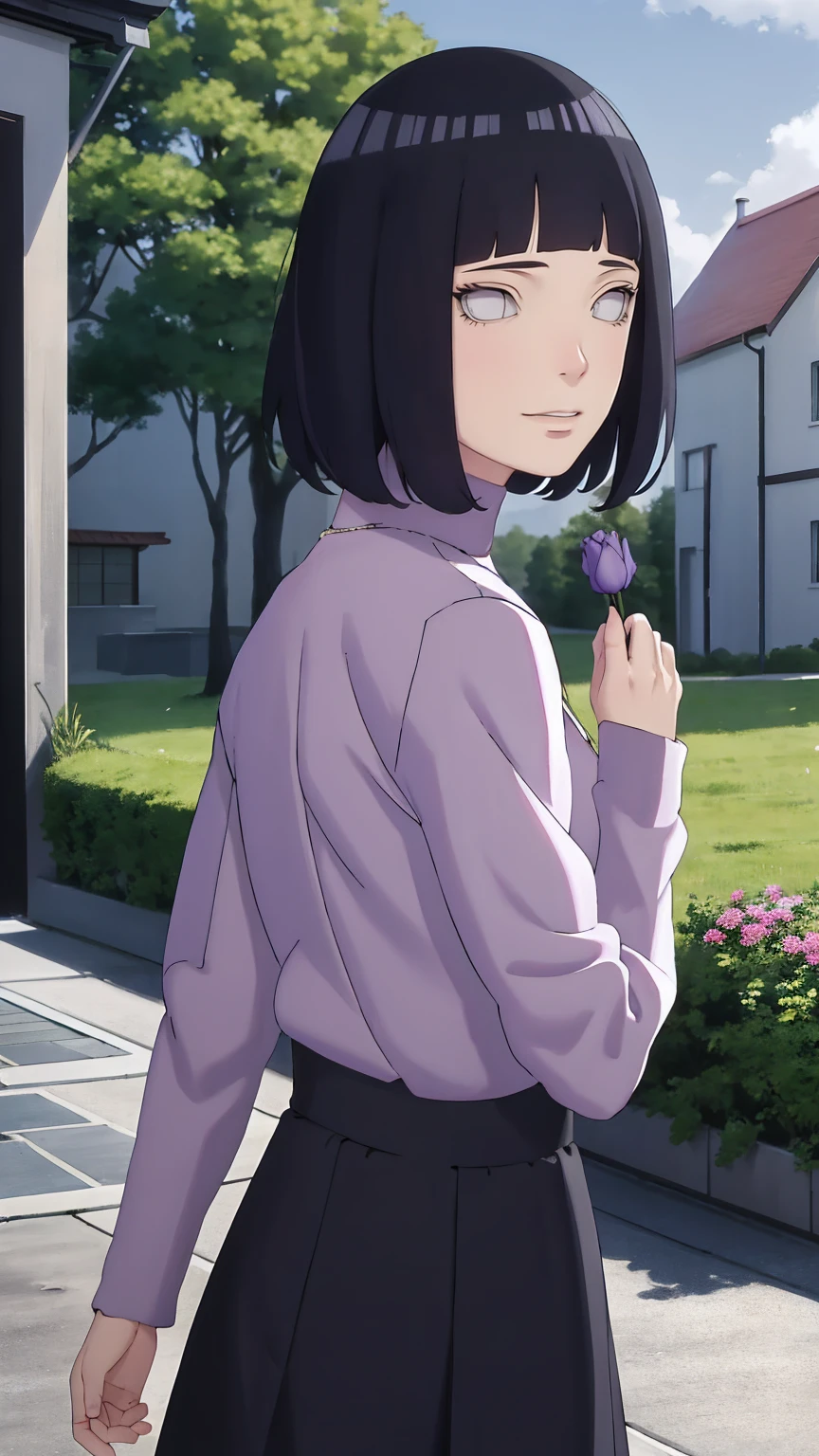 Meisterwerk, absurdres, Hinata\(Boruto\), 1girls, nur,reifes Weibchen, lila Kapuzenpullover,layered sleeves, braune Hose, al fresco,Lavendelblütenfeld, Blick auf den Betrachter, (falling petals), overcast sky, Perfekte Komposition, Detaillierte Lippen, large chest, Beautiful face, Body Propotion, flush, (rosa Lippen), Lange Haare, lila Augen, Sanfter Blick, sad smile, Super realistisch, Detailliert, Fotoshooting, Realistic face and body, Realistisches Haar, Realistische Augen, realistische Nase, Realistische Lippen, backwards, looking back