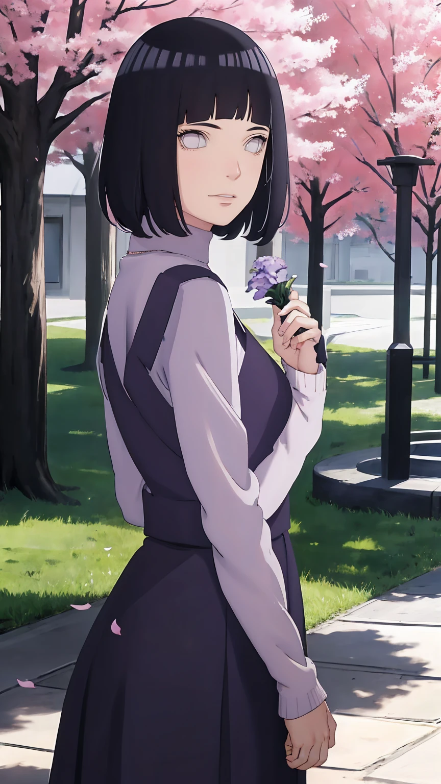 Meisterwerk, absurdres, Hinata\(Boruto\), 1girls, nur,reifes Weibchen, lila Kapuzenpullover,layered sleeves, braune Hose, al fresco,Lavendelblütenfeld, Blick auf den Betrachter, (falling petals), overcast sky, Perfekte Komposition, Detaillierte Lippen, large chest, Beautiful face, Body Propotion, flush, (rosa Lippen), Lange Haare, lila Augen, Sanfter Blick, sad smile, Super realistisch, Detailliert, Fotoshooting, Realistic face and body, Realistisches Haar, Realistische Augen, realistische Nase, Realistische Lippen, backwards, looking back