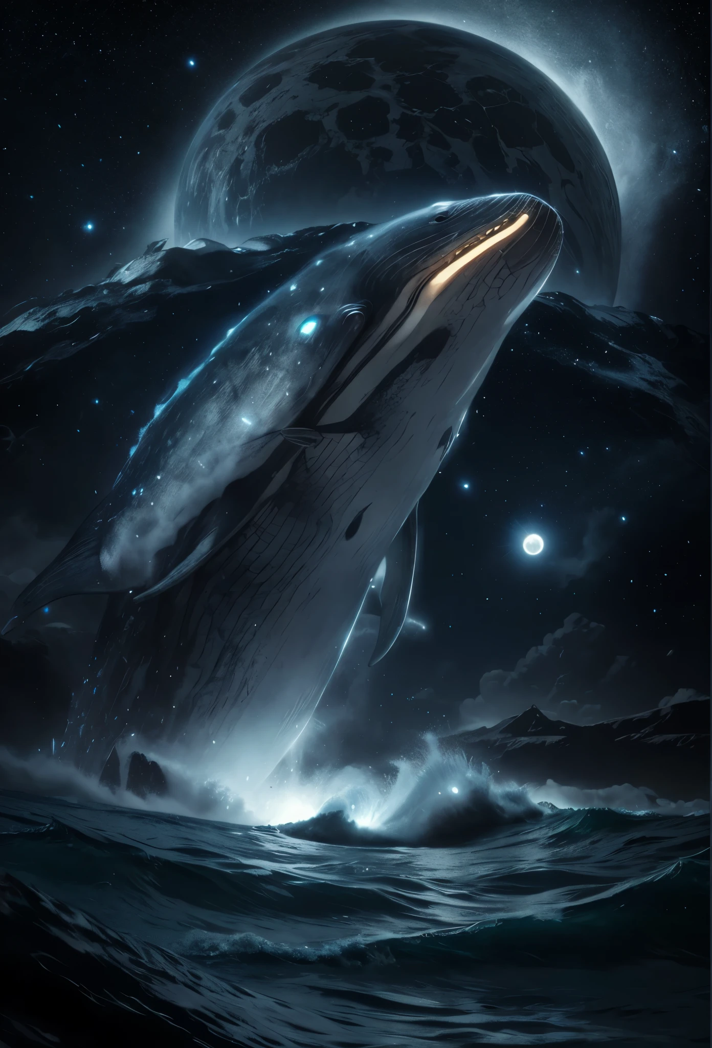 A huge gray whale jumps out of the starry sea, Magnetic storms, the night, starry sky sea, a huge gray whale in the starry sky, Jean-Baptiste Monge, anthropomorphic --ar 2:3 --testp -optimistic;  Straight hair