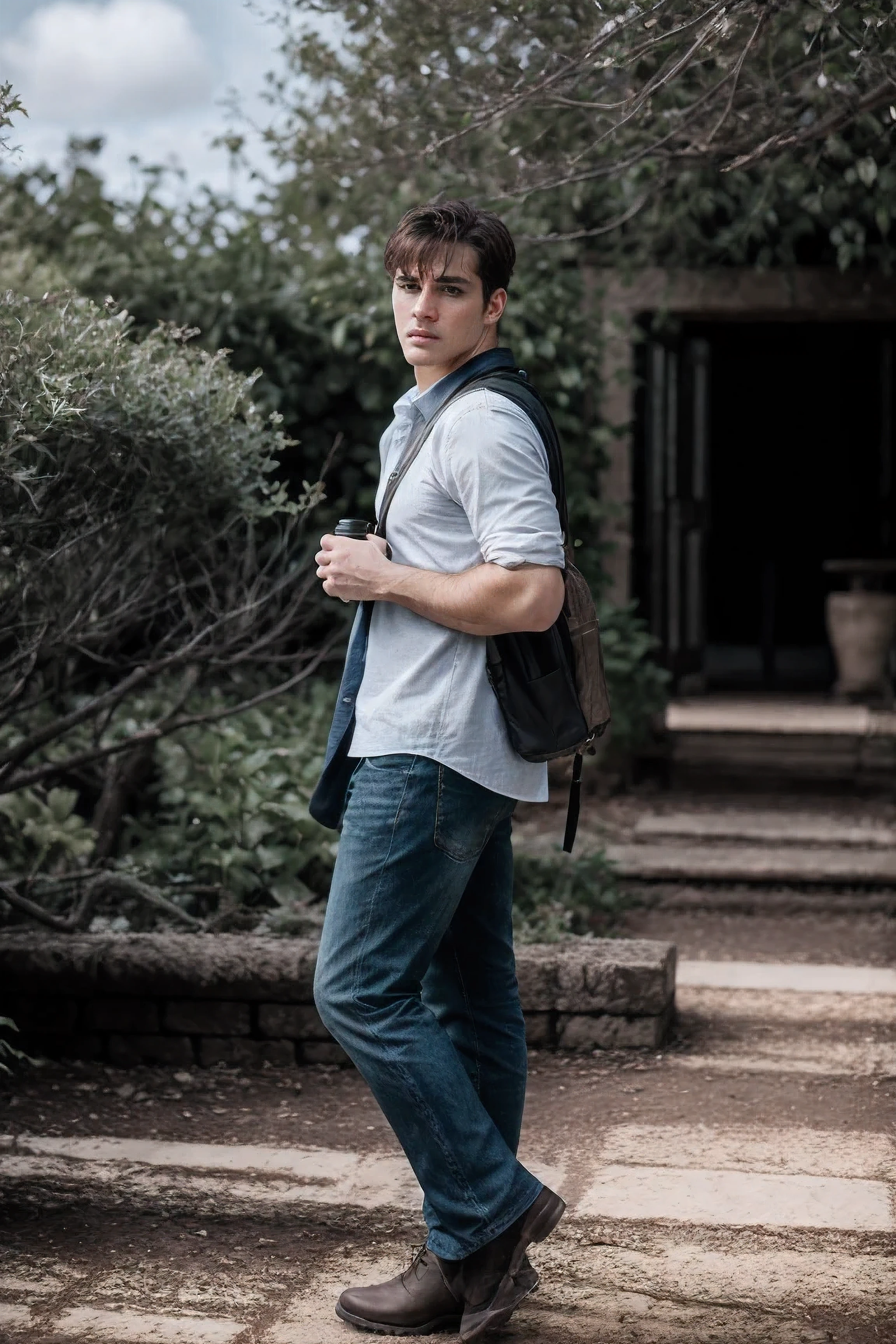 8k uhd, dslr, high quality , RAW photo, Realistic Photography , Full Body, Fujifilm XT3, Canon R5, Handsome Men, deserted garden, daylight