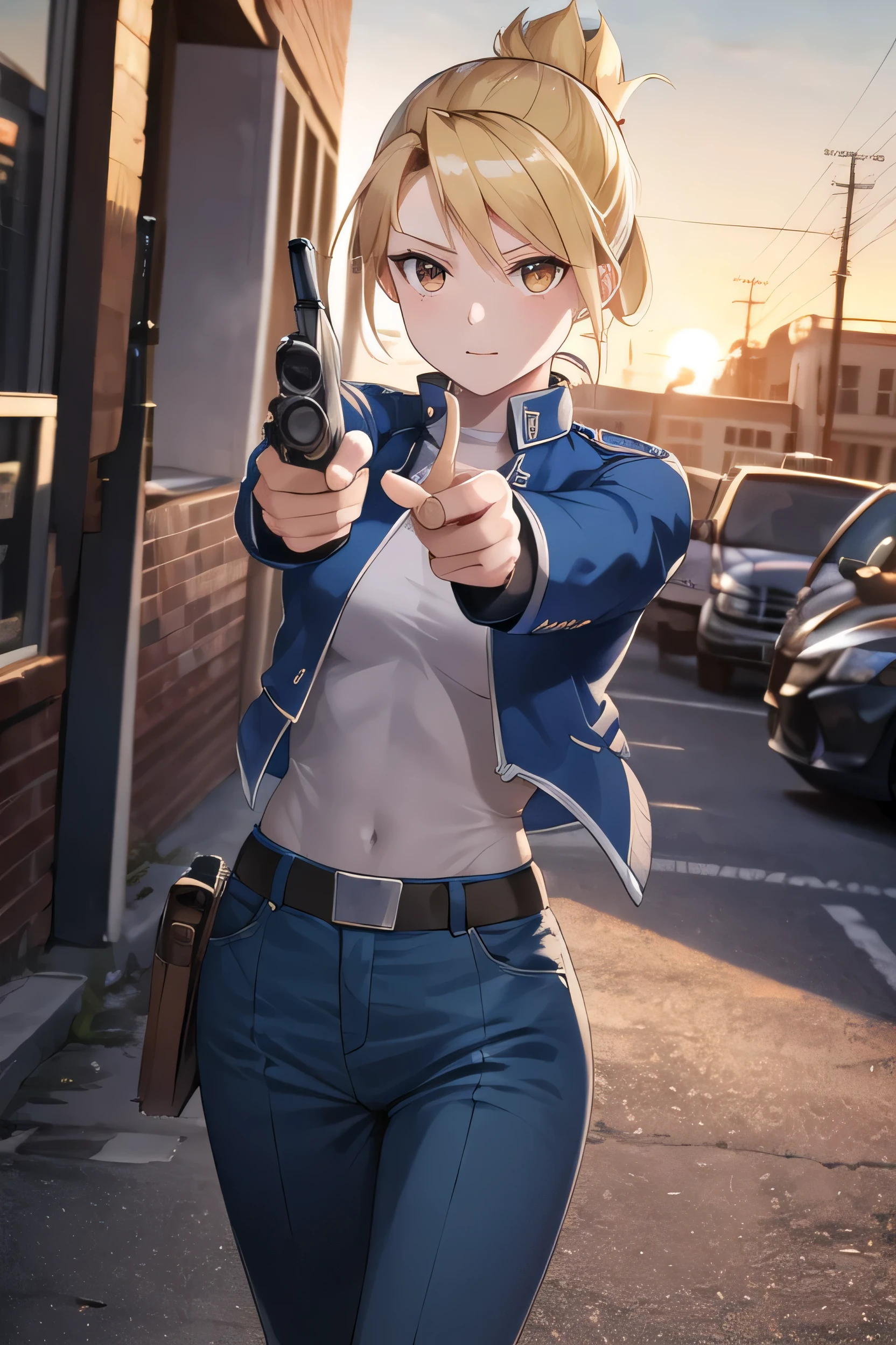 masterpiece, highest quality, High resolution, One girl, Hamriz, Folded ponytail, Brown eyes, Medium chest, uniform, Blue jacket, Blue pants, Are standing, Cowboy Shot, Outdoor, View your viewers,Holding a gun, Pistol Browning M1910, ((Grab a gun)), masterpiece, Detailed Shadows, Detailed light, Very detailed,((Pointing a gun at the viewer)),Possession of a gun, 