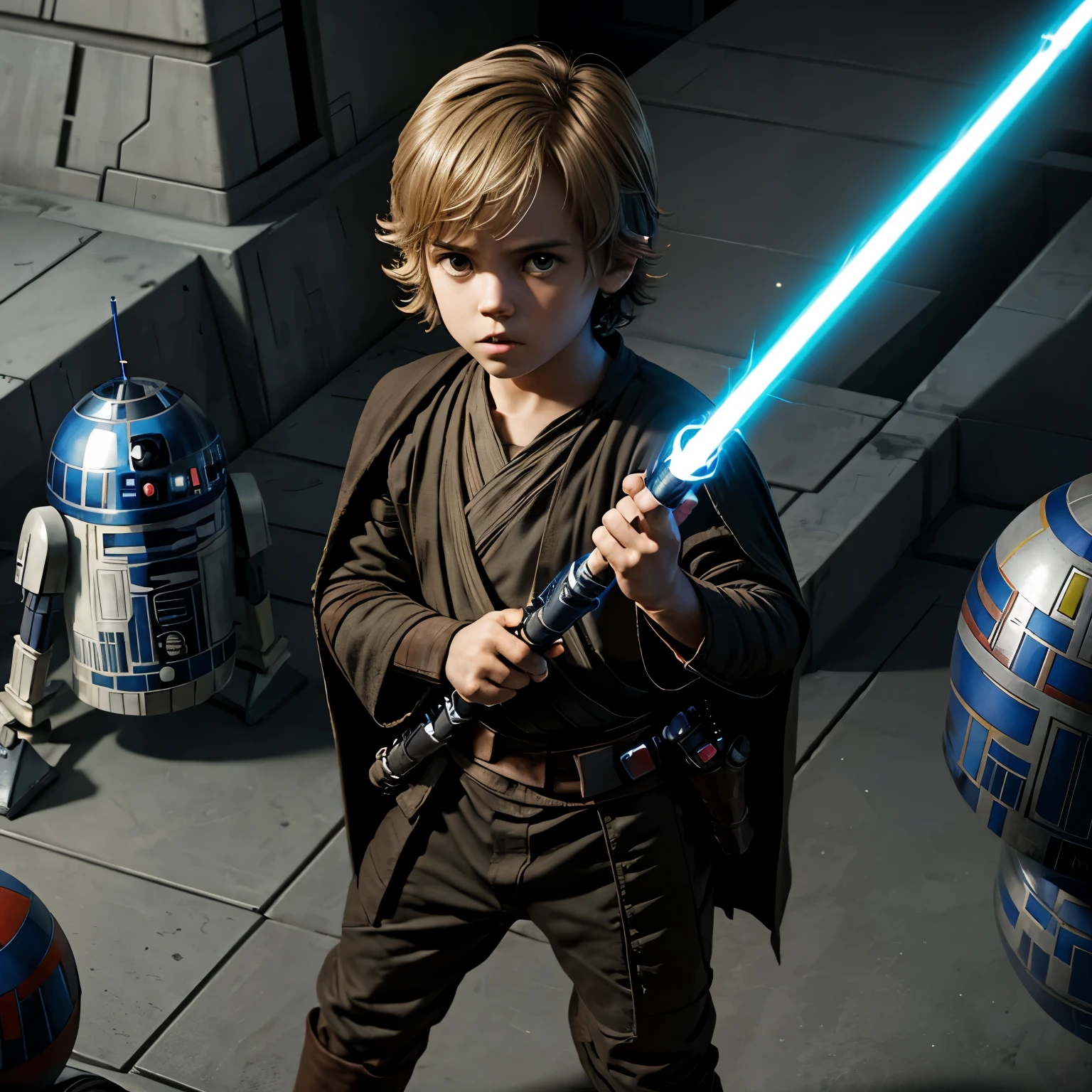 [Boy jedi],[star wars],(protect),(fight),(droids),(lightsaber)