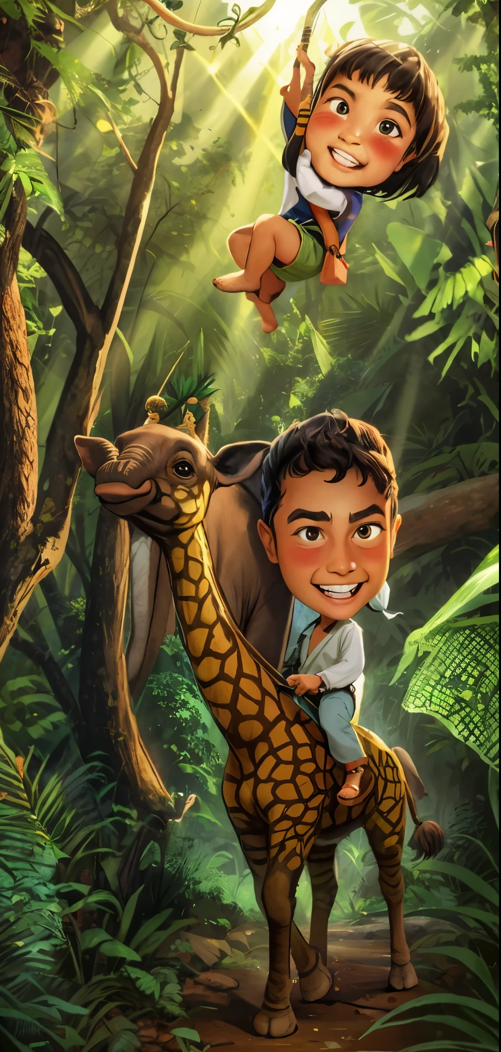 a cartoon picture of a Muslim family riding an elephant in the jungle, two daughters, two short-haired daughters, the face does not change at all, wearing long pants, the jungle in the background, in a jungle forest, jungles in the background, in the jungle, official poster, animation printed poster, thick jungle, jungle as the background, jungle in the background, on a jungle forest 