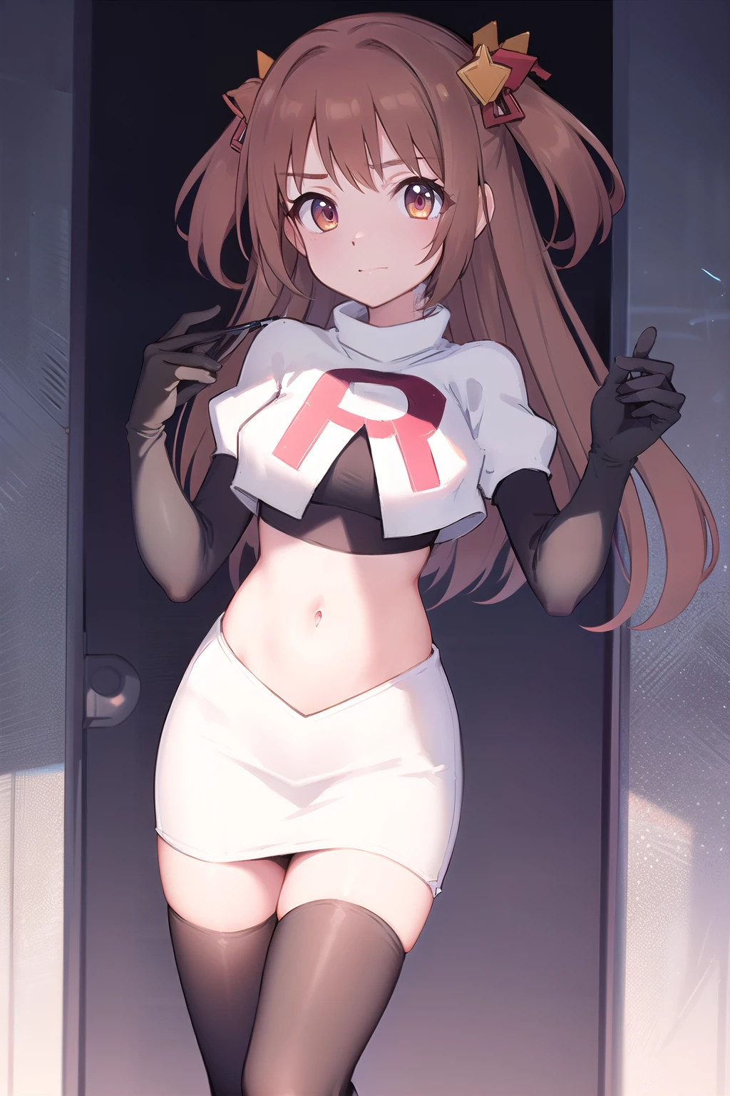 nozomi_routine,1girl, solo, long hair, two side up, holding, hair ornament, looking at viewer,yellow bow, hair ornament, team rocket,team rocket uniform,white skirt,red letter R,crop top,black thigh-highs,black elbow gloves
