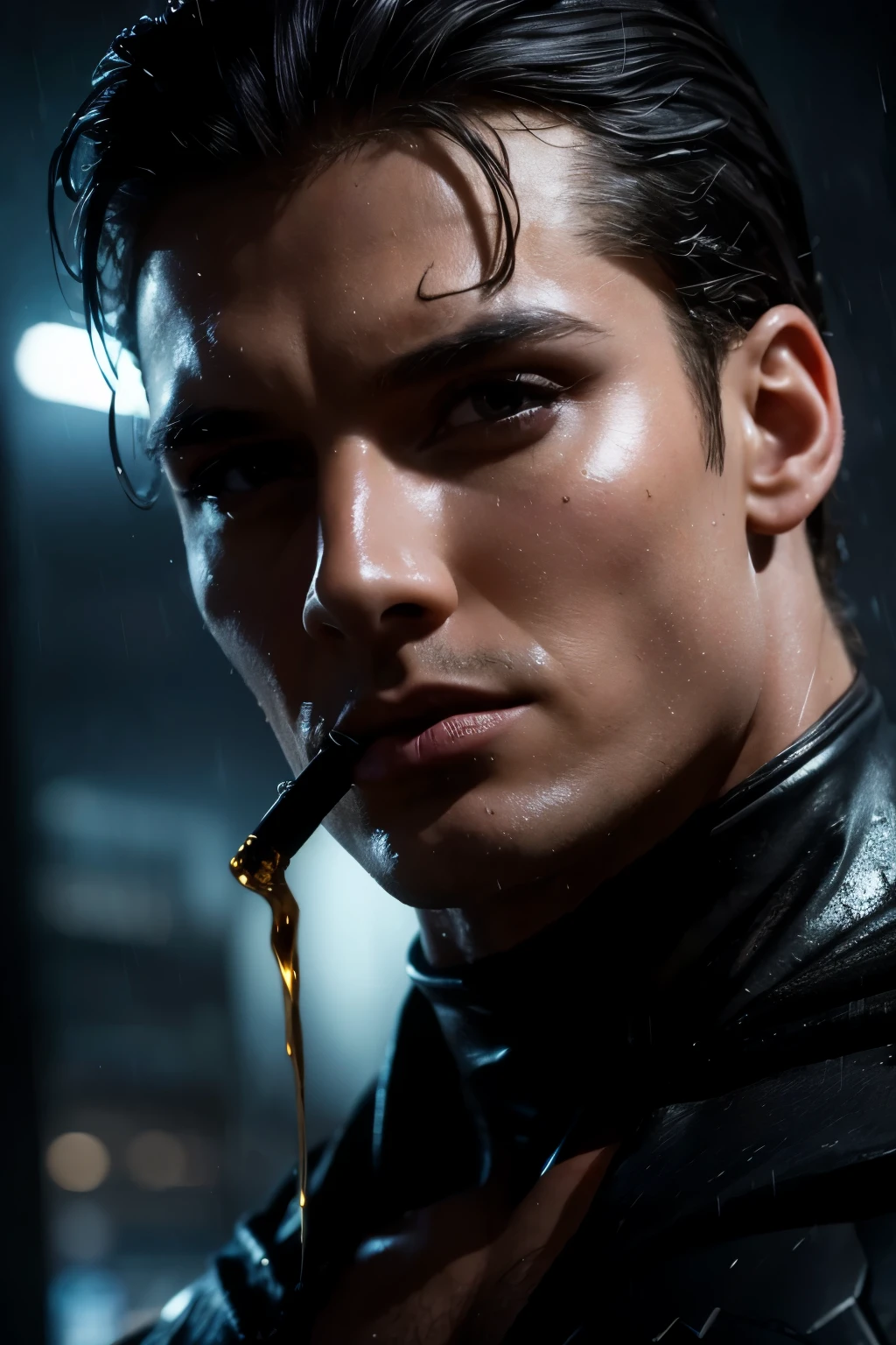 RAW, Best quality, high resolution, Masterpiece: 1.3), Dark and mystical scene, Batman, smoking a cigarette, Rainy night, Gotham City, Realistic, Complexion contrast from the dark, detailed face, wet hair slicked back, steam rising from the cigarette, smoky atmosphere, raindrops on the Bat-suit, dim ambient lighting, dramatic shadows, wet pavement, rain puddles, Batman's intense focus, gritty textures, Ray tracing, super detailing viewer, closeup.