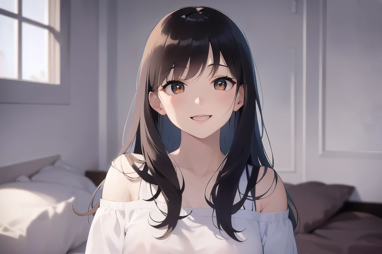 raising hand, Biologically correct five fingers、looking up, Upper Body, Realistic, real person, (pale skin: 1.2), RAW photo, photorealistic, portrait photography, shiny skin, shiny hair、(A 25-year-old woman with medium-length hair and bangs) and (wavy hair) and (brown hair) and (orange eyes) ,(White off-shoulder blouse) and (long sleeve), (smile:1.5), open mouth, The background is the bedroom、Alone、Are standing、bed