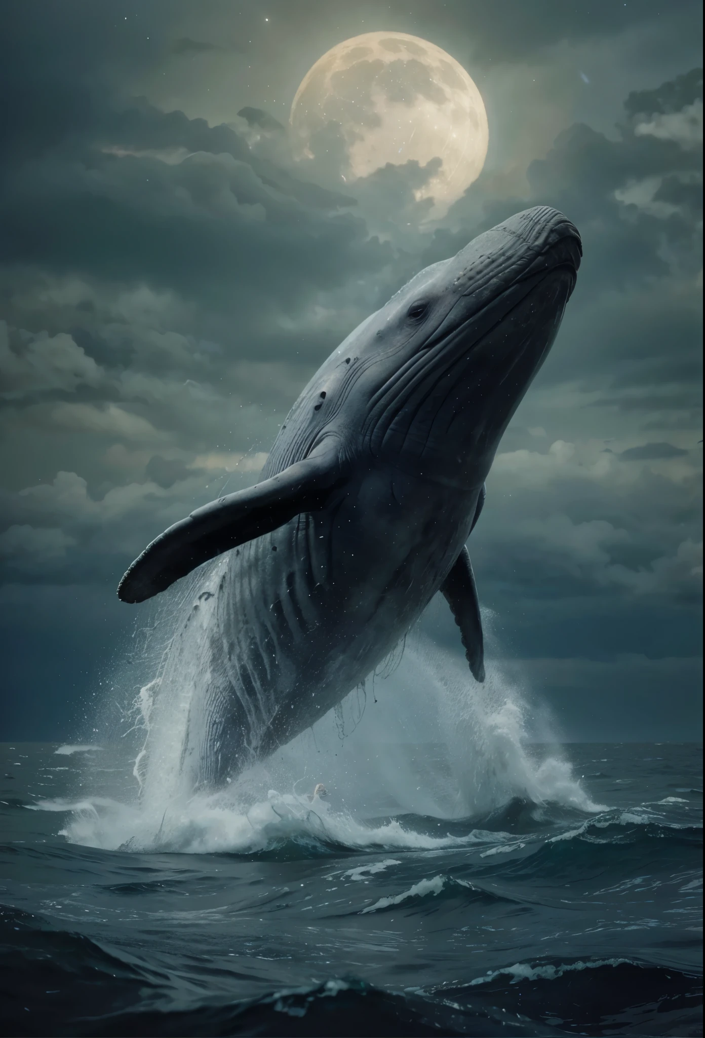 A huge gray whale jumps out of the starry sea, Magnetic storms, night, starry sky sea, huge gray whale in the starry sky, Jean-Baptiste Monge, anthropomorphic --ar 2:3 --testp - optimistic;