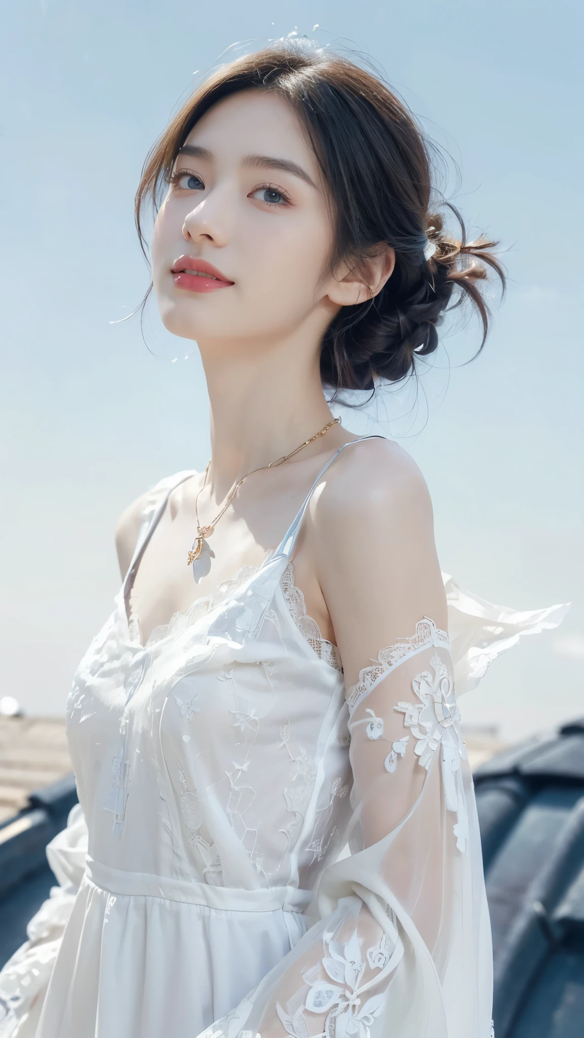 ((((8k))),((Extremely meticulous CG)) ,(wallpaper),16k,((Extremely refined and beautiful)),(((Masterpiece))),(((best qualtiy))),(((Ultra High Resolution))),beautiful light up,realistic shaded,((high resolution)),(Smooth and flawless skin:1.5),(Extremely exquisite facial details:1.2),(perfect body:1.2),(ultra-detailed),((A beautiful girl,solo)),(small head:1.2),(pale skin:1.3),(shoulder length straight bob hair:1),(small face:1.2),(Exquisite makeup:1.2),(necklace:1.2),((slim,thin)),(smile:1.2),(happy:1.2),(small breasts:1.2),(flat chests:1.2),(white lace dress:1.3),(sleeves:1.2),(day scene:1.3),(azure sky background:1.5),(close-up of upper body:1.3),(standing on the rooftop:1.3),(village scape:1.3),(from front:1.3),(spring:1.2)
