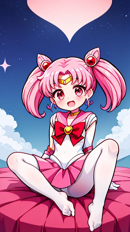 Sailor Moon,young年,Seven years old,cute,(Little ),Pink hair twintails,short hair,Sailor Suit,Red bow,White elbow gloves,Red Skirt,No shoes,Open your mouth,laughing out loud,Fangs,(White pantyhose),soles of feet,Soles,(young),(little man),sit