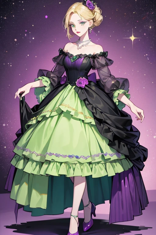 She is a dark green  with tall blonde hair. She wears a purple and lavender layered dress, thin magenta shoes, and a pale pink pearl necklace. She also has dark red lipstick. In the majority of her few appearances, she has been colored pale green, although this variant was never considered to be a normal variant for her. SPARKLE; GLITTER