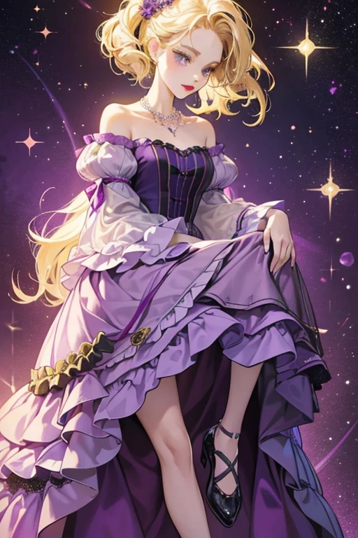 She is a dark green with tall blonde hair. She wears a purple and lavender layered dress, thin magenta shoes, and a pale pink pearl necklace. She also has dark red lipstick. In the majority of her few appearances, she has been colored pale green, although this variant was never considered to be a normal variant for her. SPARKLE; GLITTER