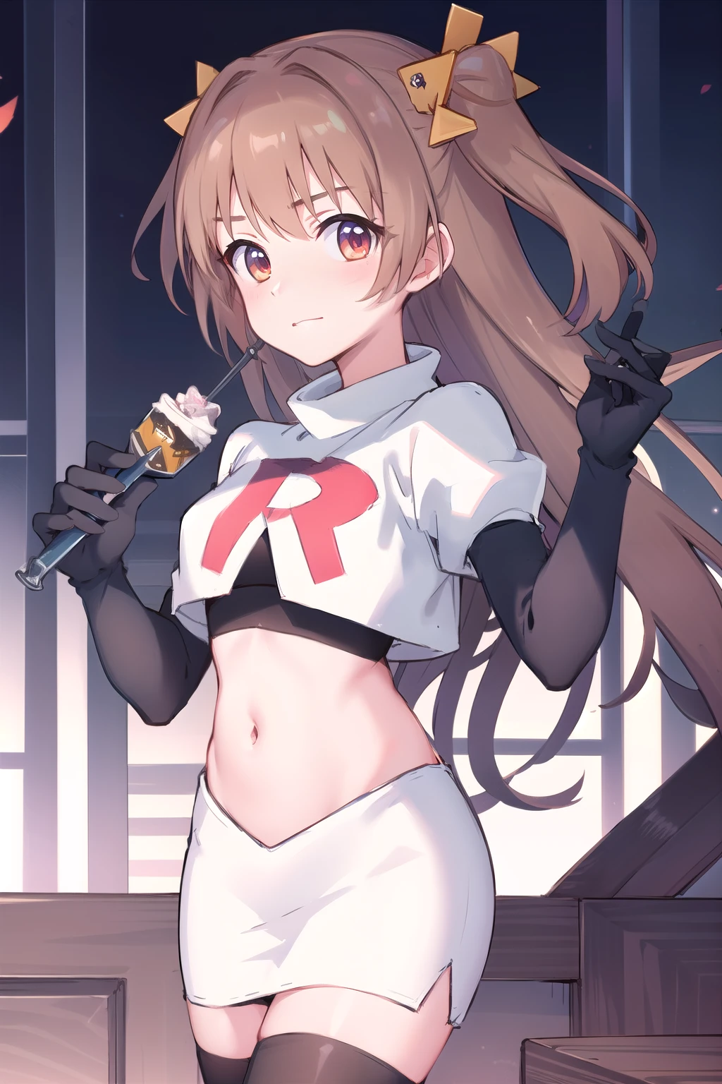 nozomi_routine,1girl, solo, long hair, two side up, holding, hair ornament, looking at viewer,yellow bow, hair ornament, team rocket,team rocket uniform,white skirt,red letter R,crop top,black thigh-highs,black elbow gloves
