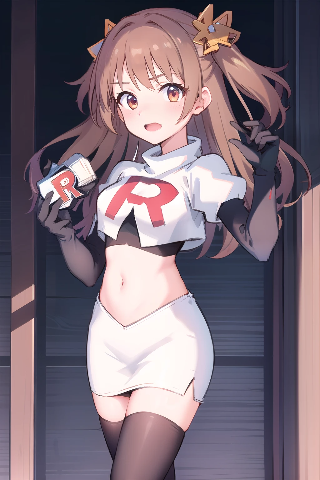 nozomi_routine,1girl, solo, long hair, two side up, holding, hair ornament, looking at viewer,yellow bow, hair ornament, team rocket,team rocket uniform,white skirt,red letter R,crop top,black thigh-highs,black elbow gloves