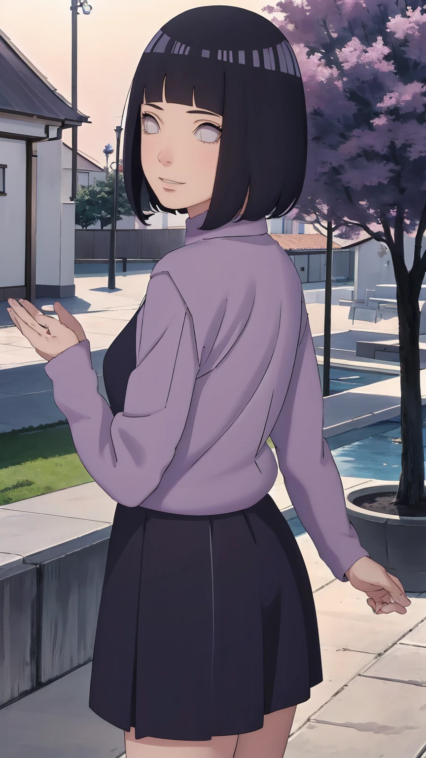 Meisterwerk, absurdres, Hinata\(Boruto\), 1girls, nur,reifes Weibchen, lila Kapuzenpullover,layered sleeves, braune Hose, al fresco,Lavendelblütenfeld, Blick auf den Betrachter, (falling petals), overcast sky, Perfekte Komposition, Detaillierte Lippen, large chest, Beautiful face, Body Propotion, flush, (rosa Lippen), Lange Haare, lila Augen, Sanfter Blick, sad smile, Super realistisch, Detailliert, Fotoshooting, Realistic face and body, Realistisches Haar, Realistische Augen, realistische Nase, Realistische Lippen, backwards, looking back