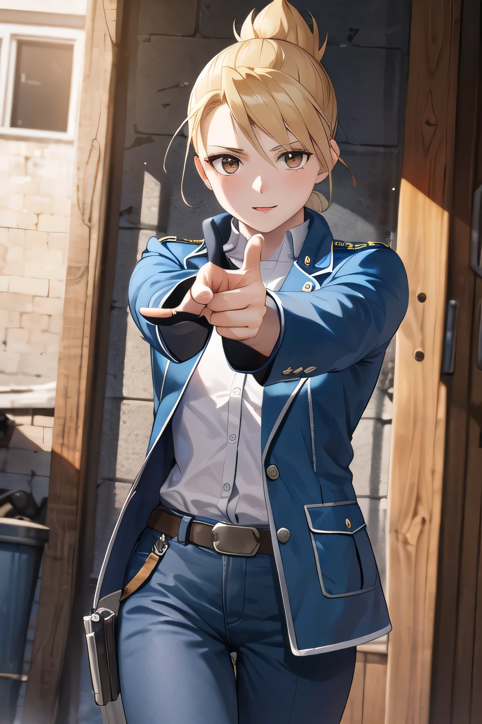 masterpiece, highest quality, High resolution, One girl, Hamriz, Folded ponytail, Brown eyes, Medium chest, uniform, Blue jacket, Blue pants, Are standing, Cowboy Shot, Outdoor, View your viewers,Holding a gun, Pistol Browning M1910, ((Grab a gun)), masterpiece, Detailed Shadows, Detailed light, Very detailed,((Pointing a gun at the viewer)),Possession of a gun, 