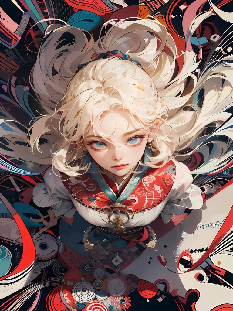 absurdres, highres, ultra detailed, 1girl, solo, extremely detailed eyes, Ultra-precise depiction, Ultra-detailed depiction, (zentangle:1.2), (dynamic pose), (abstract background:1.5), (treditional dress:1.2), short platinum blonde, (shiny skin), many colors, upper body, (from above)