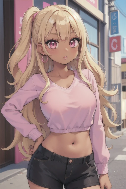 (masterpiece, best quality), 1girl, nude, Miss, Tall, Fit, Square Face, Dark Skin, blonde Hair, pink Eyes, Straight Nose, full Lips, Receding Chin, Long Hair, Wavy Hair, gyaru hair, highlights in hair, full breasts, earrings, lipstick, gyaru, gyaru loose  uniform, nice hips, street, (vibrant colors), 