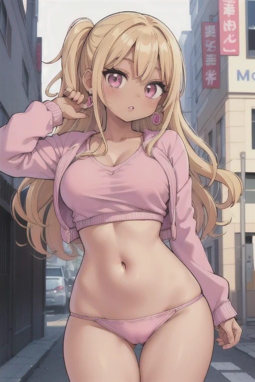 (masterpiece, best quality), 1girl, nude, Miss, Tall, Fit, Square Face, Dark Skin, blonde Hair, pink Eyes, Straight Nose, full Lips, Receding Chin, Long Hair, Wavy Hair, gyaru hair, highlights in hair, full breasts, earrings, lipstick, gyaru, gyaru loose  uniform, nice hips, street, (vibrant colors), 