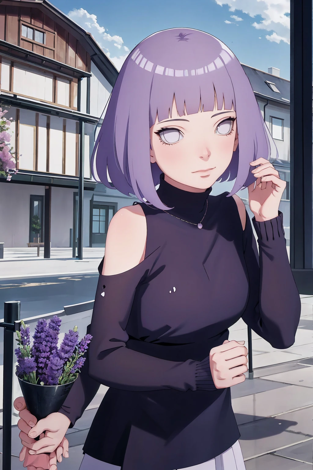 Meisterwerk, absurdres, Hinata\(Boruto\), 1girls, nur,reifes Weibchen, lila Kapuzenpullover,layered sleeves, braune Hose, al fresco,Lavendelblütenfeld, Blick auf den Betrachter, (falling petals), overcast sky, Perfekte Komposition, Detaillierte Lippen, large chest, Beautiful face, Body Propotion, flush, (rosa Lippen), Lange Haare, lila Augen, Sanfter Blick, sad smile, Super realistisch, Detailliert, Fotoshooting, Realistic face and body, Realistisches Haar, Realistische Augen, realistische Nase, Realistische Lippen, backwards, looking back