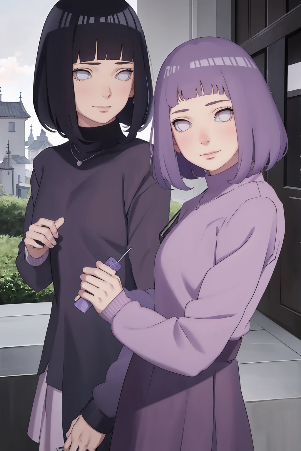 Meisterwerk, absurdres, Hinata\(Boruto\), 1girls, nur,reifes Weibchen, lila Kapuzenpullover,layered sleeves, braune Hose, al fresco,Lavendelblütenfeld, Blick auf den Betrachter, (falling petals), overcast sky, Perfekte Komposition, Detaillierte Lippen, large chest, Beautiful face, Body Propotion, flush, (rosa Lippen), Lange Haare, lila Augen, Sanfter Blick, sad smile, Super realistisch, Detailliert, Fotoshooting, Realistic face and body, Realistisches Haar, Realistische Augen, realistische Nase, Realistische Lippen, backwards, looking back