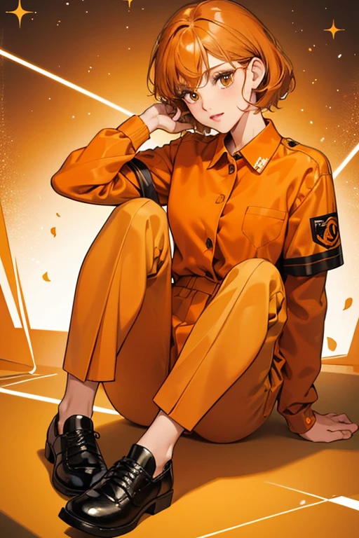 She is a tan  with brownish-tan lips and orange hair. She wears an orange prisoner uniform that consists of an orange collared shirt with a label and orange pants. She also wears black shoes. SPARKLE; GLITTER