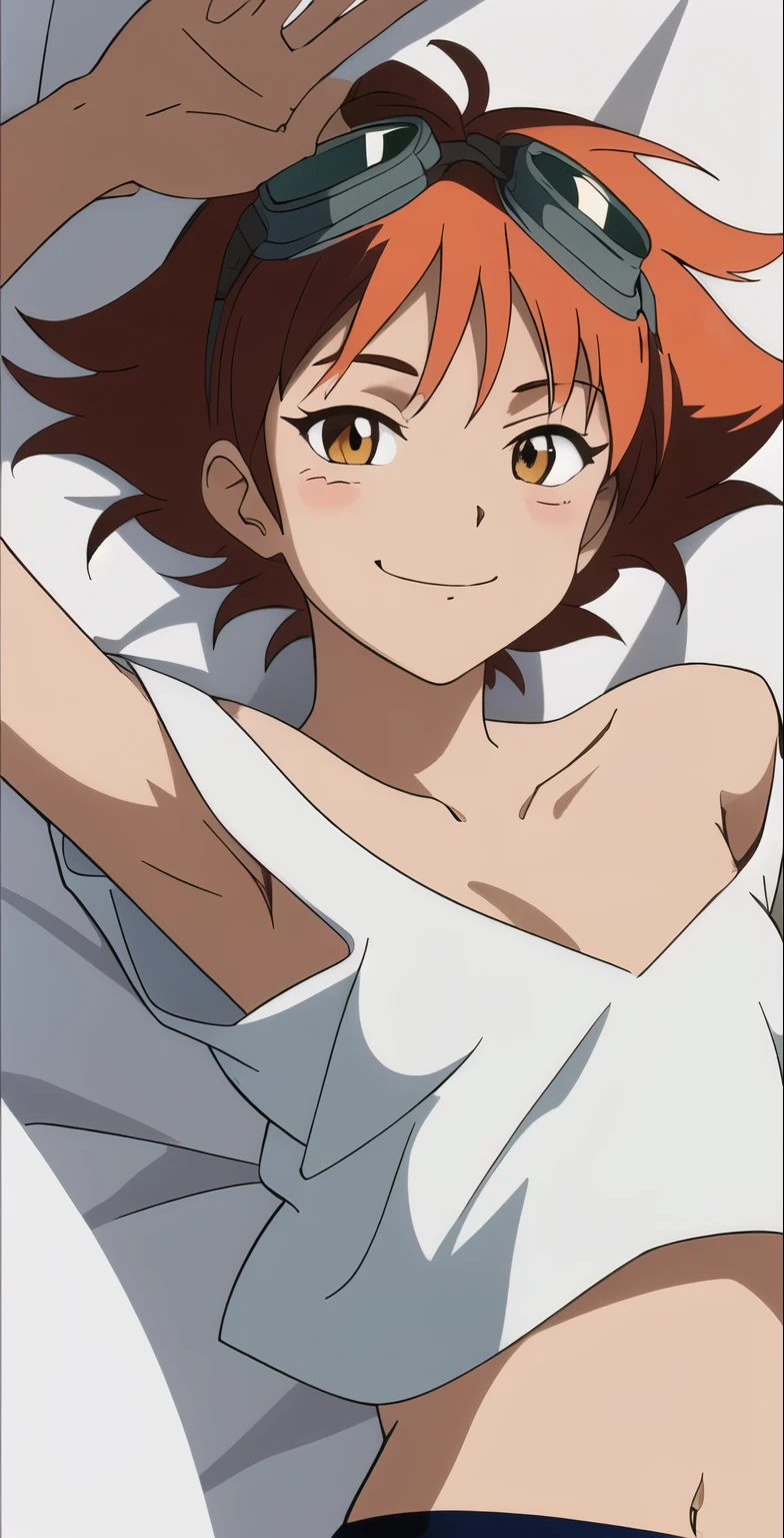 Edward, midriff, orange hair, (white loose shirt), off one shoulder, bike shorts, brown eyes, goggles on head, smile, lying in bed, upper body, satisfied expression, (insanely detailed, beautiful detailed face, masterpiece, best quality , small breasts, cleavage