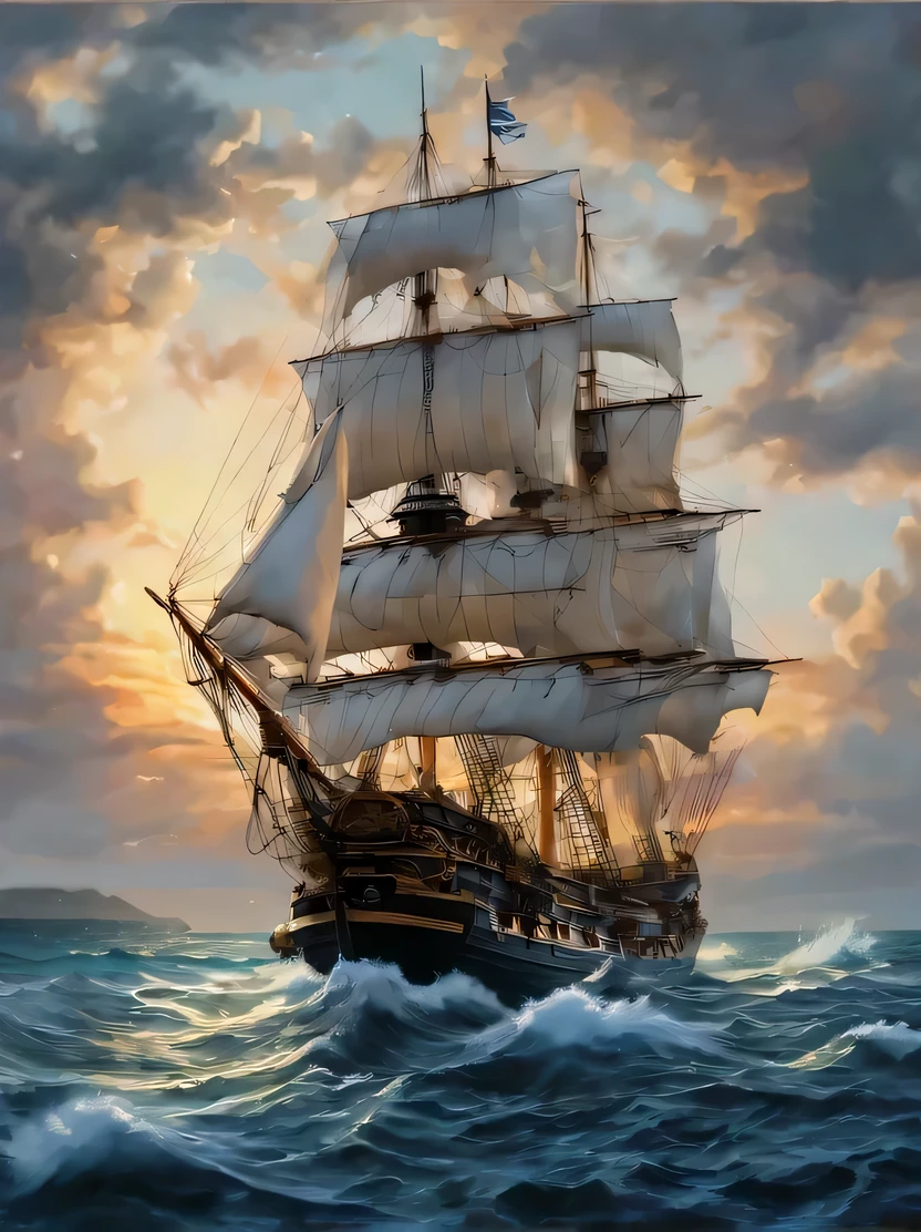 ((masterpiece、highest quality、Genuine、Very detailed、High resolution、Sharp focus、Cinematic lighting))、((There are no people))、Detailed cover artwork、Awesome Wallpapers、A picture of a ship floating on the sea with the sunset as the background、Four-masted ship、Four-corner sail、old galleon、Gothic sea ship、Highly detailed digital art、Detailed painting