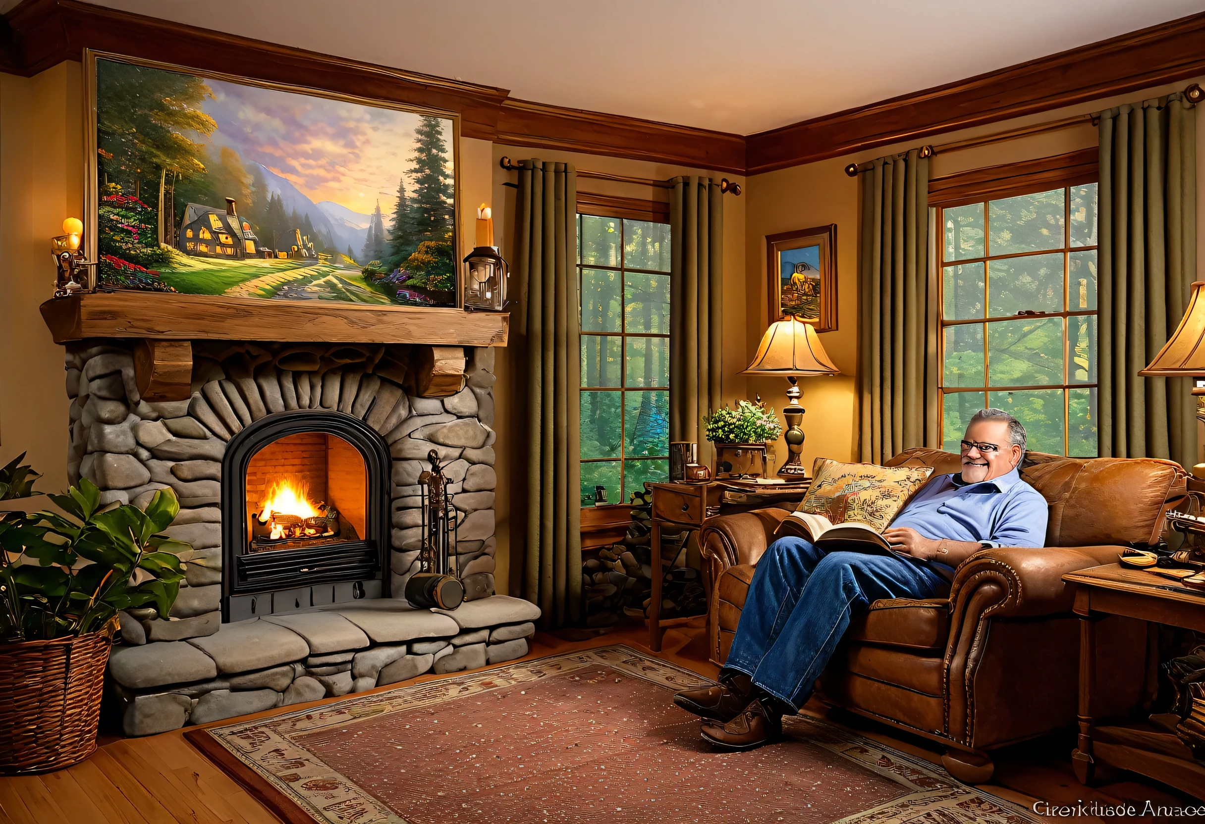 Image of a fifty-year-old man in a living room with a fireplace and books, Thomas Kinkade. cute Cozy rooms, A pleasant and enchanting scene, Cozy atmosphere, pleasant Cozy atmosphere, Cozy atmosphere, Thomas Kinkade. Forest Room, Cozy home background, Cozy place, beautiful and detailed scenes, Pleasant aesthetics, Cozy living room background, Cozy rooms, Cozy environment, Cozy atmosphere, cozy wallpaper