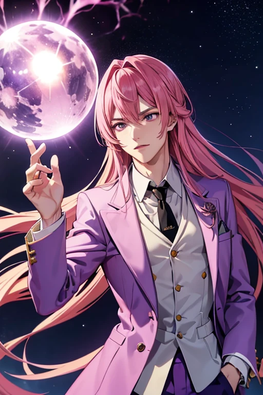 A handsome pink haired man with violet eyes with long hair in a magical student is holding a purple ball of energy at night