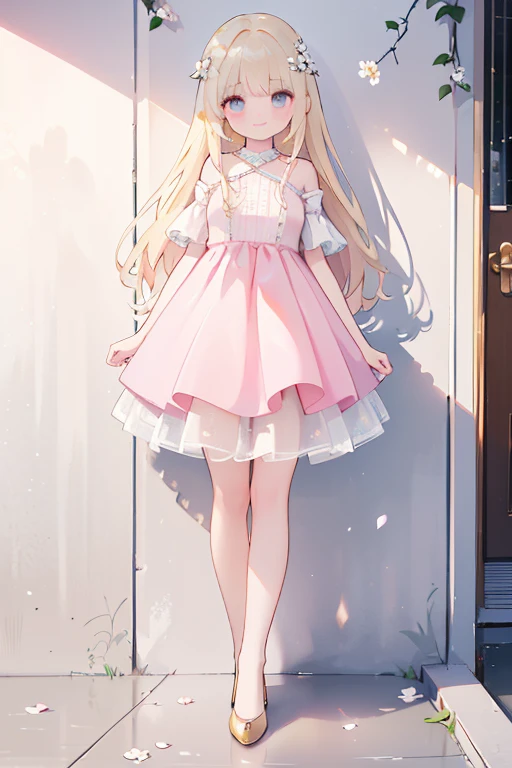 full body shot, Highest quality, 8k, High resolution, 1 girl, High-quality texture, Intricate details, CG, High Quality Shadows, beautiful and delicate face, Beautiful details and a delicate eye, Written boundary depth, Ray Tracing, 13 years old, pretty girl, glossy lips, Looking at the audience, (jewelry/accessories), (Eye color is brown), (White flower hair ornament), (Golden Hair, Long Hair), (Layered Hairstyles), (Pink Dress), White flowers blooming on the wall, smile, Be sure to add details to your clothes, full body shot, marble, Dancing
