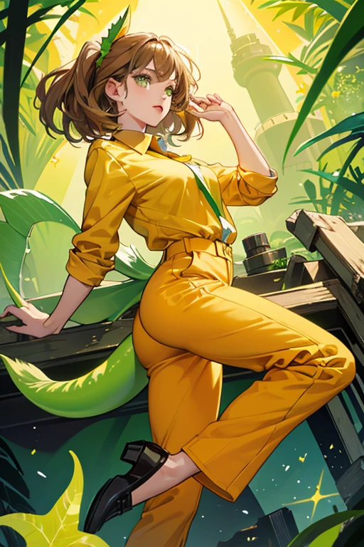 She is a light green with light brown hair, yellow-green lips, and a tail fin. She wears an orange prisoner uniform that consists of an orange collared shirt with a label on it and orange pants. She also wears black shoes. SPARKLE; GLITTER