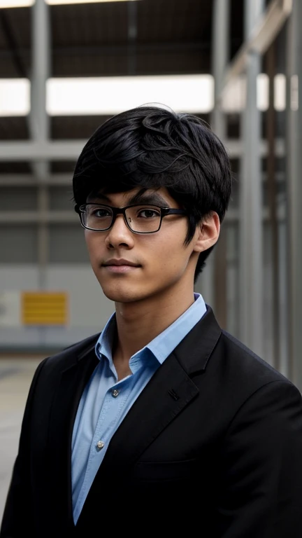 17-year-old Japanese high school boy ((Body type of boys )),Straight hair ((Jet black hair , Very short hair )),((Very shaggy long bangs)),break, An old and brave face, ((jet black school blazer, Black dress shirt, Black slacks )), Blue Glasses ,break, Narrow and sharp eyes ((Sparkling pale blue eyes, )), blush , break, Boring and stressful atmosphere,((Face Focus:1.3)), he has his arms crossed ,((Browsing Caution))