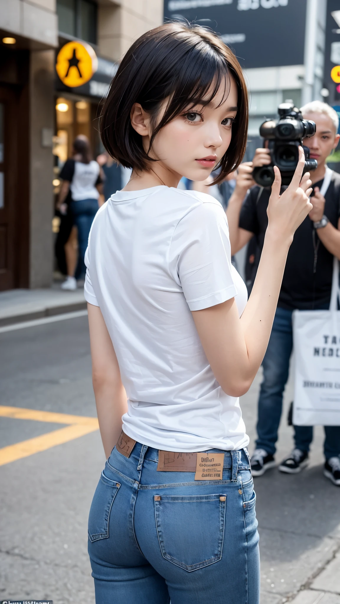 (((Backwards:2.0, Turn your ass to the camera:2.0))), ((Backwards:2.0, Turn your ass to the camera:2.0, Super close-up of buttocks:1.8)), (((Denim pants:1.8, Maxi T-shirt:2.0))), 1 Girl, solo, Bobcut, A grin, 18-year-old, 7 heads, Ideal body proportions, Black Hair, With bangs, Small breasts, Erect nipples, slender, Small ass, Beautiful feet, Skinny Legs, Surrealism, Cinematic Lighting, Depth of written boundary, First Person View, F/1.8, 135mm, Ticker, Mastepiece, Curate, ((Anatomically correct:1.3)), Textured skin, Super Detail, High detail, High quality, Awards, Best Quality, High resolution, 8K