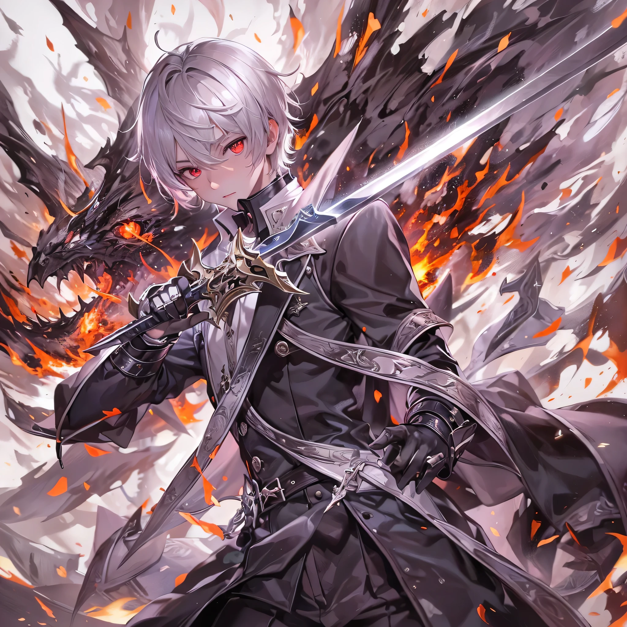 perfect anatomy, masterpiece:1.4, best highres, 16k, (battle style), (in the battlefield), (the background is Big Explosion:1.3), break,  
(both hands holding divine thin sword, gripping divine thin sword in both hands) (solo:1.3 silver short hair divine boy), (( yo)), break, (detailed red eyes), (painful face), (in a butler uniform).