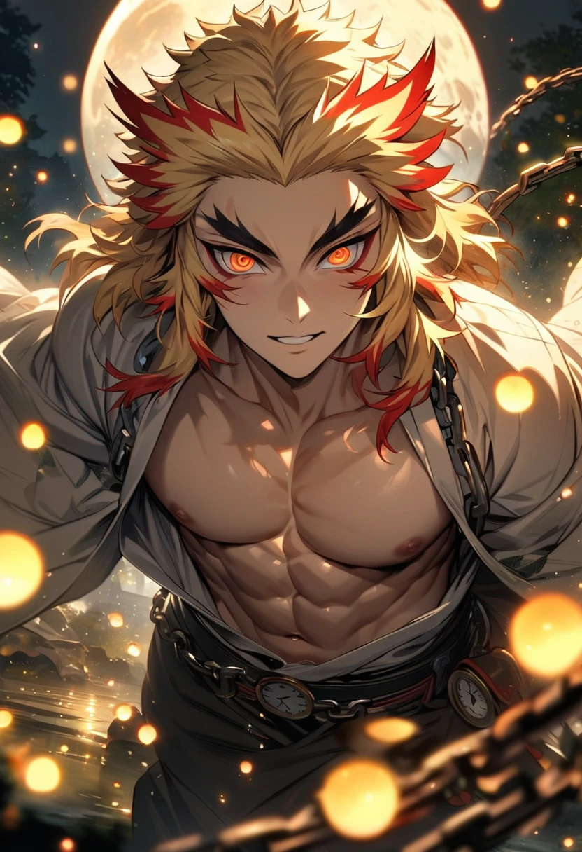 absurdres, highres, ultra detailed, HDR, master piece, best quality, extremely detailed face and eyes, Rengoku Kyojuro, blond hair, expressive orange eyes, Kimetsu No Yaiba, solo, sexy man, handsome, clock mechanical moon, fantasy, chains, fireflies