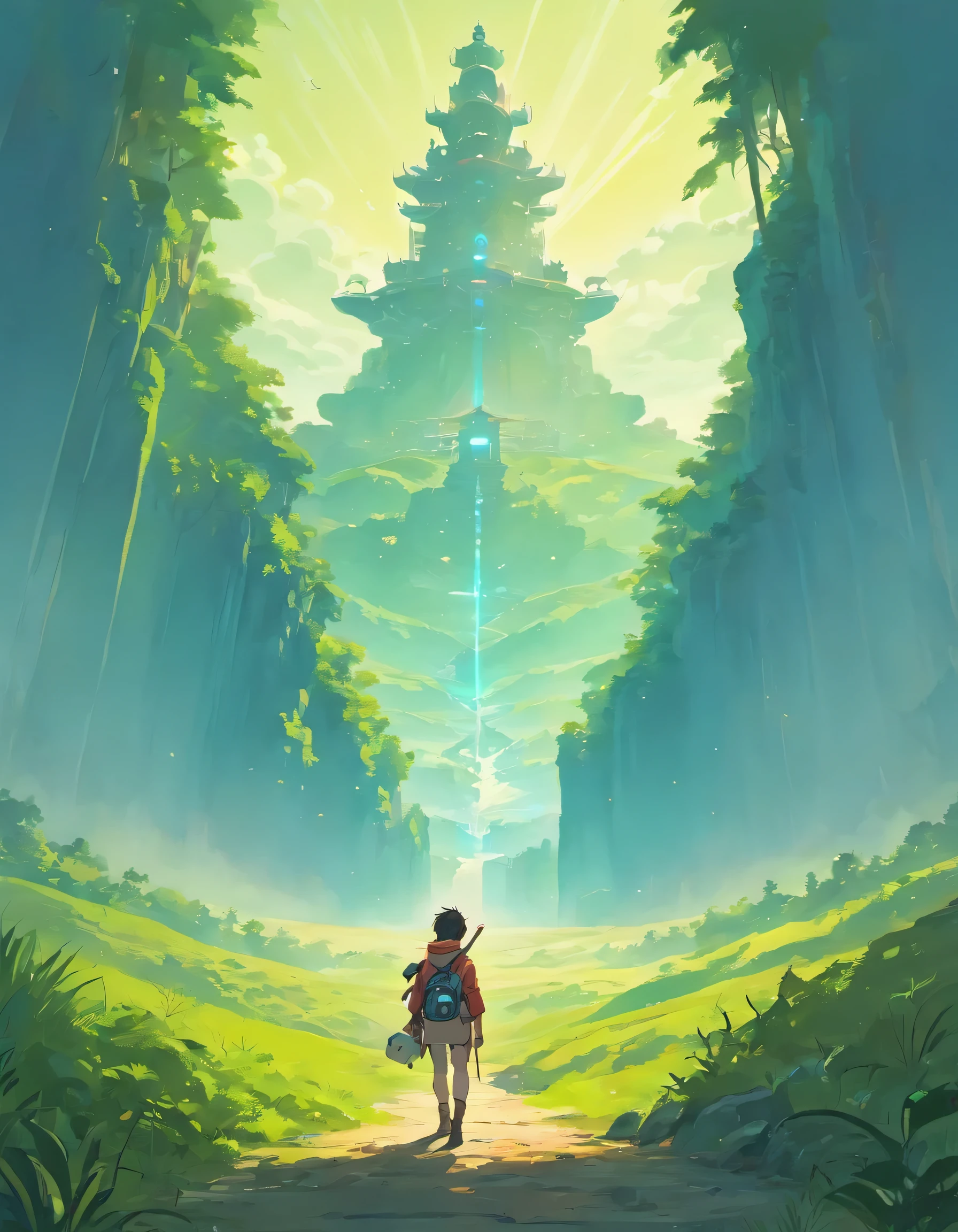 the hidden path across the sky, mountain enviroment, high, gigantic temple in the far distance, HIGH ABOVE THE CLOUDS, overgrown cliffs, anime concept art, studio ghibli, lofi style, concept art, detailed, mysterious, blue skies, wandering nomand, epic clouds, clean, epic size , high quality, detailed, 4k, a scifi nomad walking towards a mysterious, the day before you came, I was broken from a young age Taking my sulking to the masses Writing my poems for the few. NO MANS SKY style, no mans sky, beau lamb, NMS