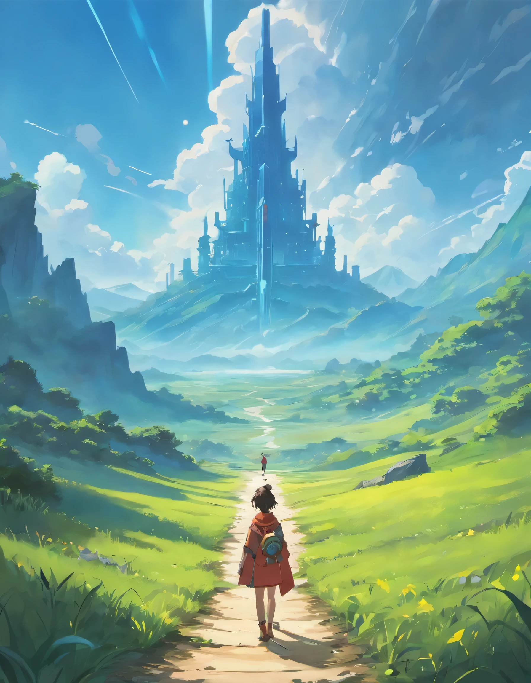 the hidden path across the sky, mountain enviroment, high, gigantic temple in the far distance, HIGH ABOVE THE CLOUDS, overgrown cliffs, anime concept art, studio ghibli, lofi style, concept art, detailed, mysterious, blue skies, wandering nomand, epic clouds, clean, epic size , high quality, detailed, 4k, a scifi nomad walking towards a mysterious, the day before you came, I was broken from a  Taking my sulking to the masses Writing my poems for the few. NO MANS SKY style, no mans sky, beau lamb, NMS