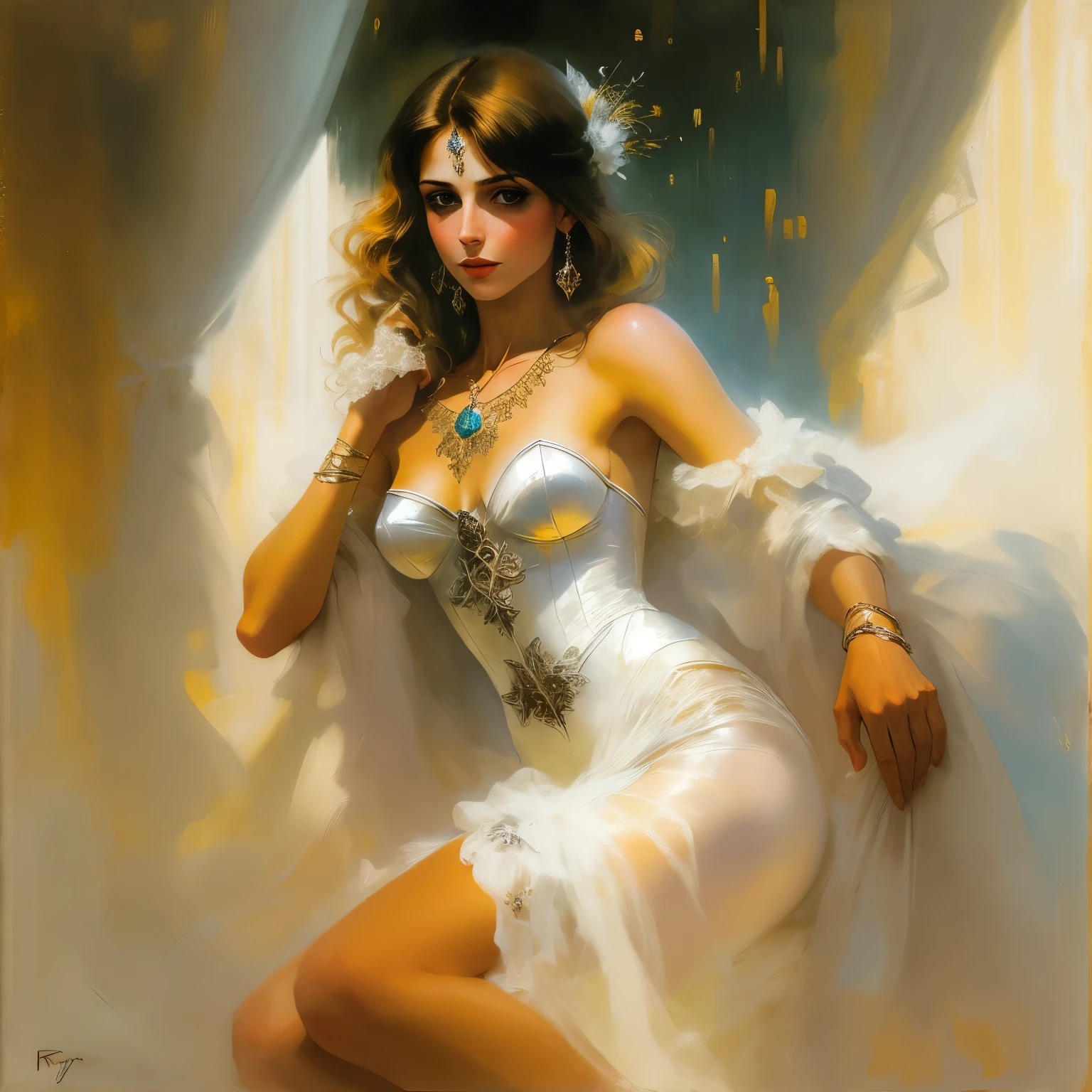 eroticism, sexy, transparent nightgown, luxurious room, luxurious bed, open terrace with views of the landscape, tmari, sketch, traditional media, pen drawing, white background (art inspired by Bill Sienkiewicz). oil painting)